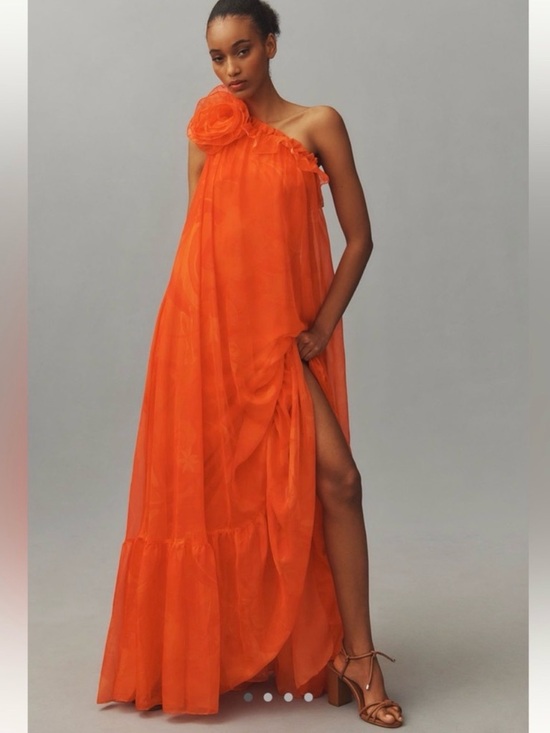 Mac Duggal Dresses & Skirts - Mac Duggal One-Shoulder Orange Chiffon Maxi with Rosette